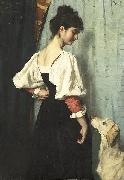 Therese Schwartze Young Italian woman with a dog called Puck. Spain oil painting artist